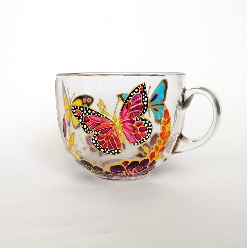 Butterfly big coffee mug personalised Glass mug hand painted Monarch mug for her Floral gift for Mom Custom mug for nature lover office mug