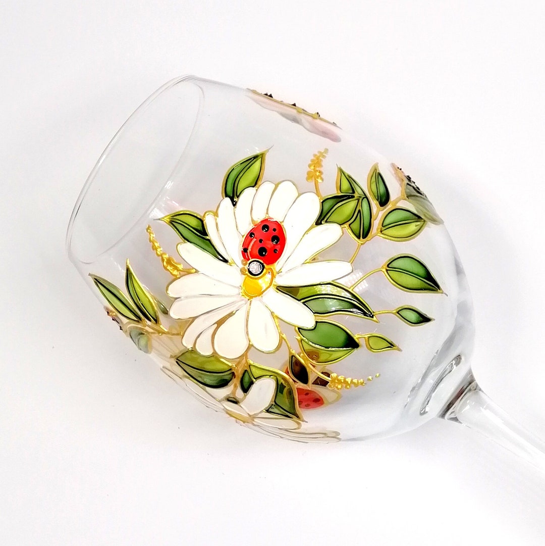 Daisy Wine Glass Hand Painted Ladybug Wine Glass Flower Wedding Glasses