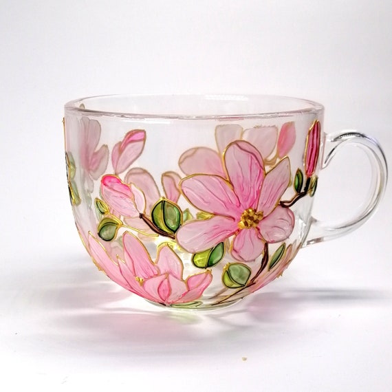 Pink magnolia blossom mug handmade Floral gift for Mother's day Flower coffee mug Personalised tea cup for tea lover Birthday gift for Mom