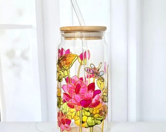 Water lily Glass Iced Coffee Cup with Bamboo Lid and Straw, Hand Painted Pink Flower Tumbler, Floral Drinkware, Botanical Birthday Gift