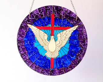 Dove holy spirit suncatcher White Dove Suncatcher Window hanging stained glass hand painted suncatcher religious art Bird ornament Blue