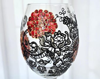Gothic Romance Wine Glass with Black Lace and Red Chrysanthemum, Romantic Goth Goblet, Moody Floral Glassware, Dark Academia Gift for Her