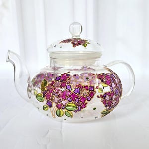 Hand Painted Glass Teapot with Lilac, Floral Tea ware Personalized, Birth flower Gift for Tea Lovers