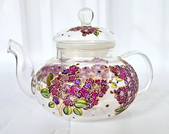Hand Painted Glass Teapot with Lilac, Floral Tea ware Personalized, Birth flower Gift for Tea Lovers