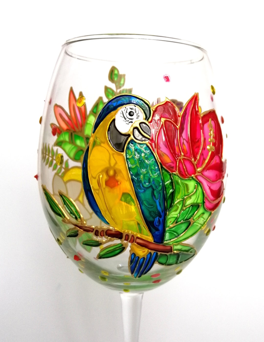 Hawaii Wine Glass Personalised Flower Wine Glass Hand Painted Parrot