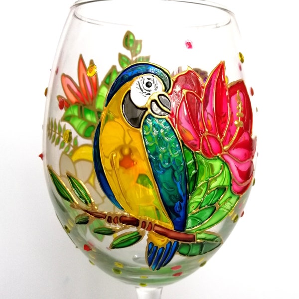 Hawaii wine glass Personalised flower wine glass Hand painted parrot wine glass Tropical wedding glasses Beach party decor Aloha party