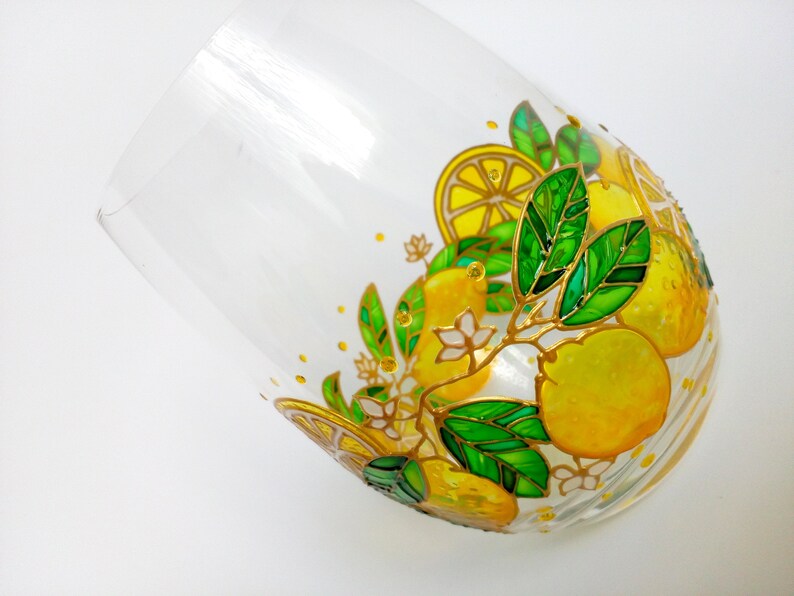 Lemon wine glass Hand painted stemless wine glass Personalised Etsy