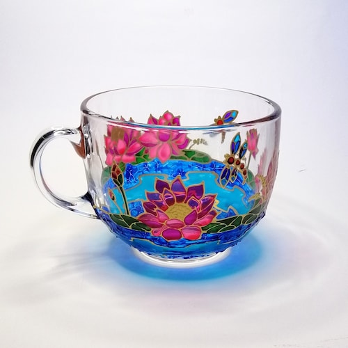 Lavender Big Glass Mug Floral Hand Painted Coffee Mug Gift Etsy