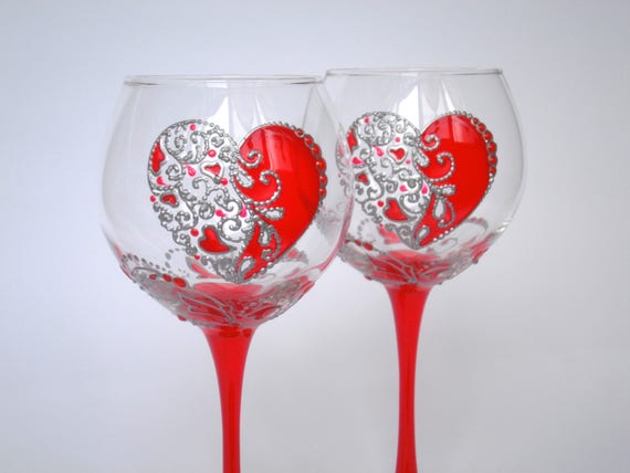 Valentine S Day Wine Glasses Hand Painted Personalized Etsy