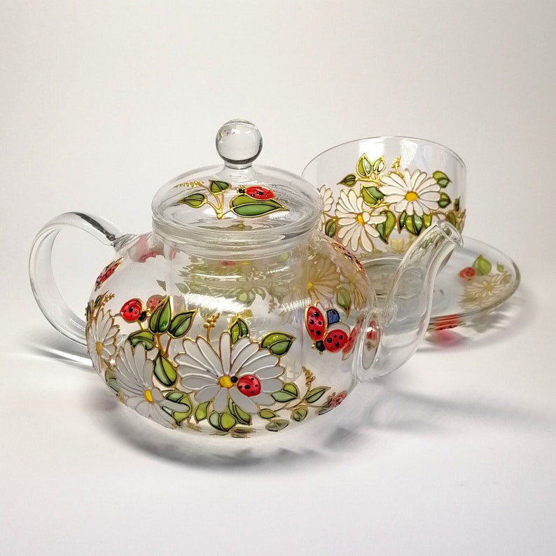 Daisy Tea Set: Hand-painted Ladybug Glass Teapot - Etsy