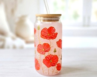 Poppy Glass Tumbler with Bamboo Lid and Straw, August Birth Month Flower Gift, Hand Painted Floral Iced Coffee Cup, Red Poppies Drinkware