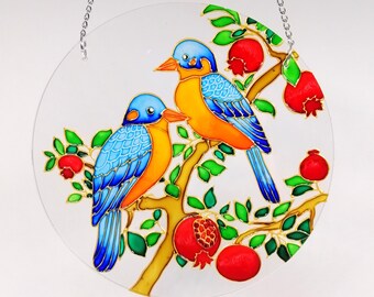 Bluebird suncatcher for window Bird and pomegranate suncatcher for new home Mother's day gift Hand painted ornament personalised gift