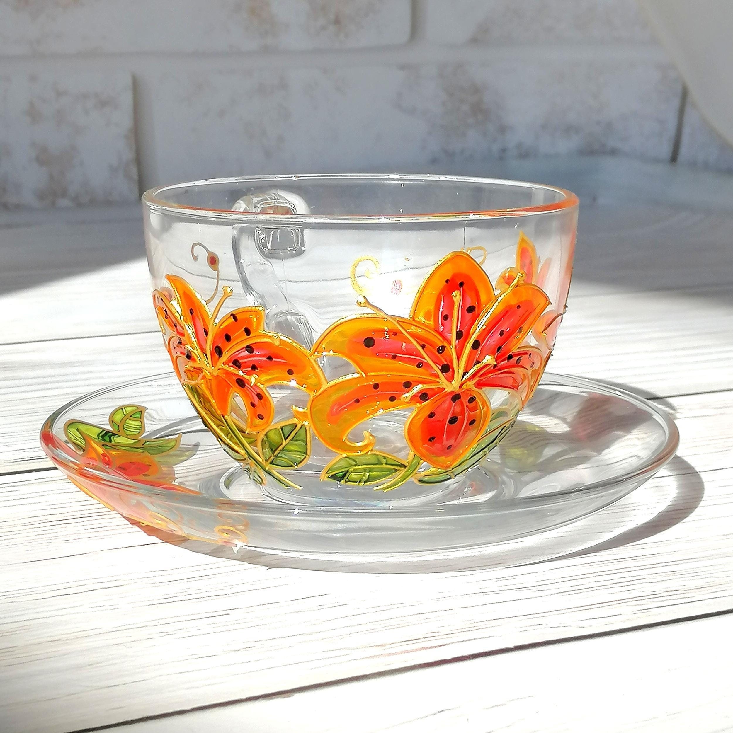 Lily tea cup and saucer Hand painted flower tea set for one Personalised mug for mom Christmas gift for granny Teacher mug Office tea cup
