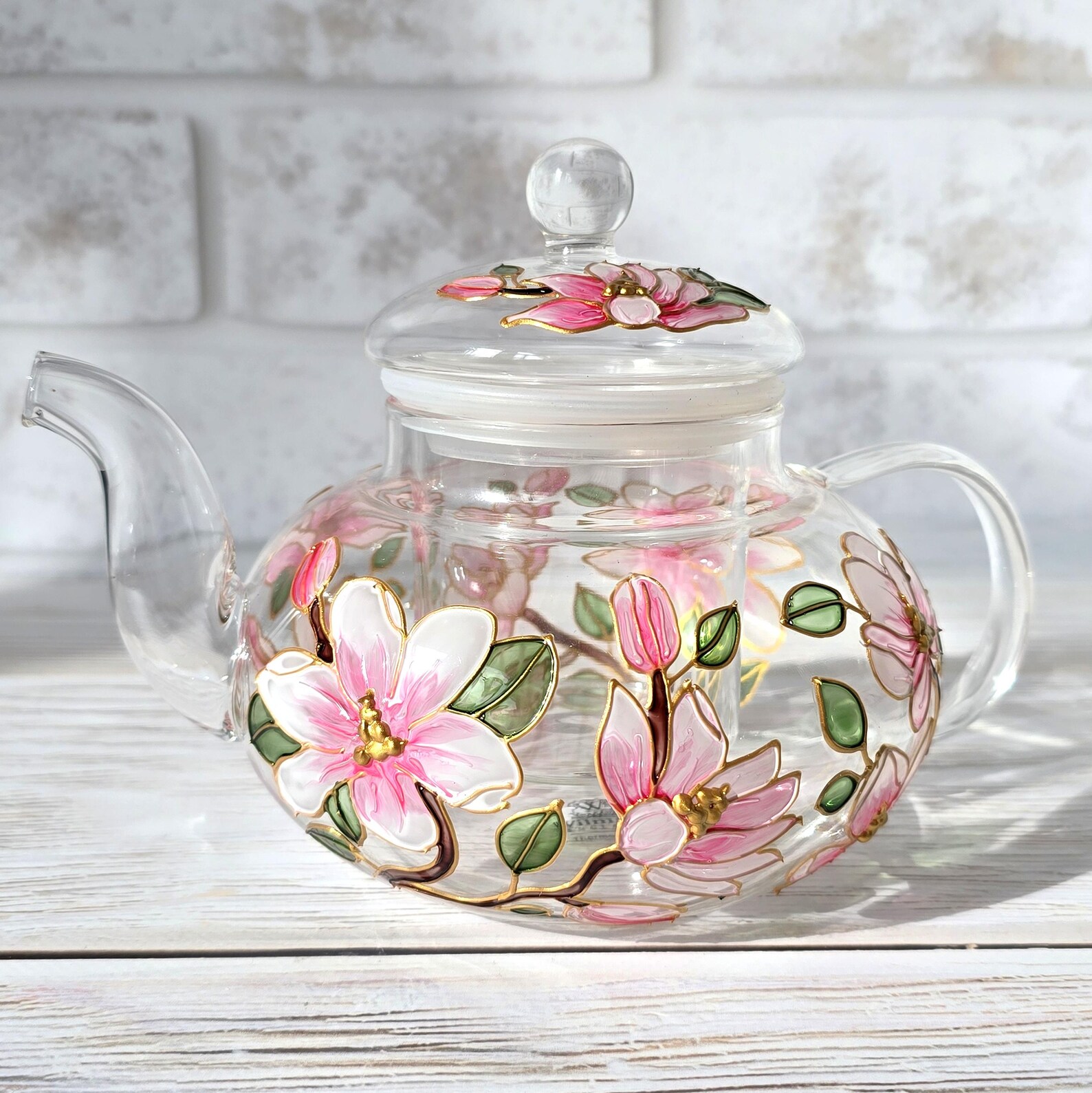 Personalized Pink Magnolia Teapot: Hand-painted Floral Glass Teapot ...