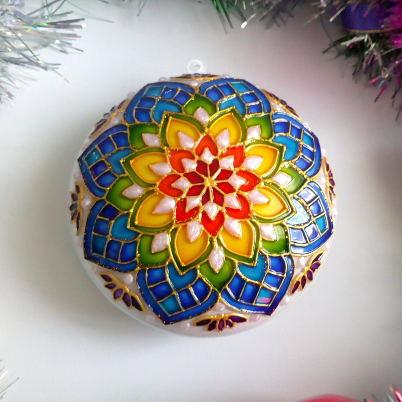 Rainbow mandala christmas ornament handmade Hand painted Christmas decor Gift for yoga lover Gift for her Yoga teacher ornament