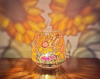 Hand painted sunflower candle holder, Floral glass tea light votive