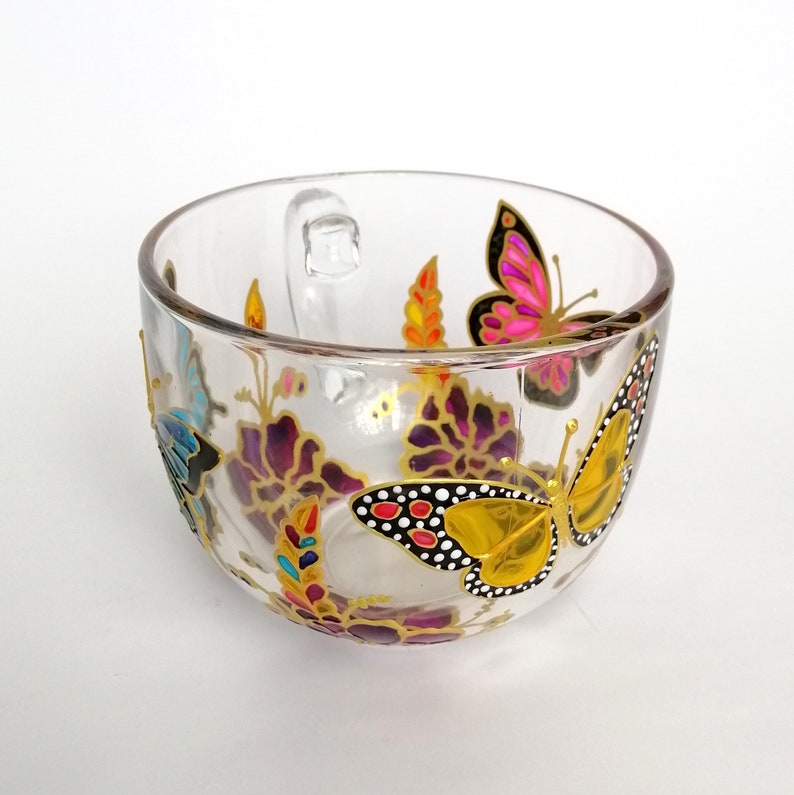 Butterfly big coffee mug personalised Glass mug hand painted Monarch mug for her Floral gift for Mom Custom mug for nature lover office mug