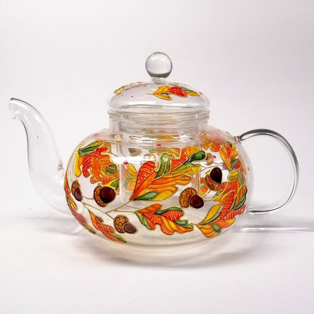 Hand Painted Acorn Teapot: Personalized Fall Leaves Glass Teapot With ...