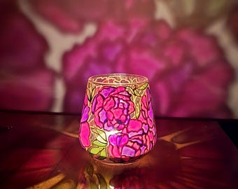 チューリップフラワーガラスキャンドルホルダー、ピンク、オレンジの花