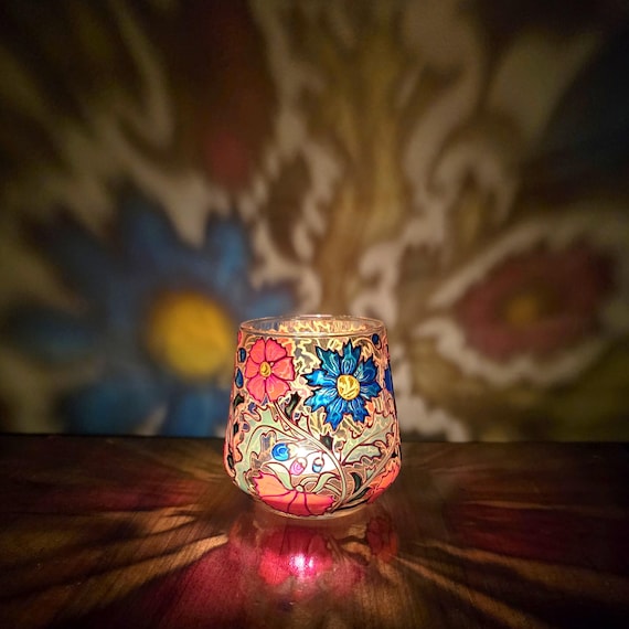 Wildblumen Kerzenhalter, Bunt Blumen Teelichthalter, Handbemalter Boho Glas Votiv