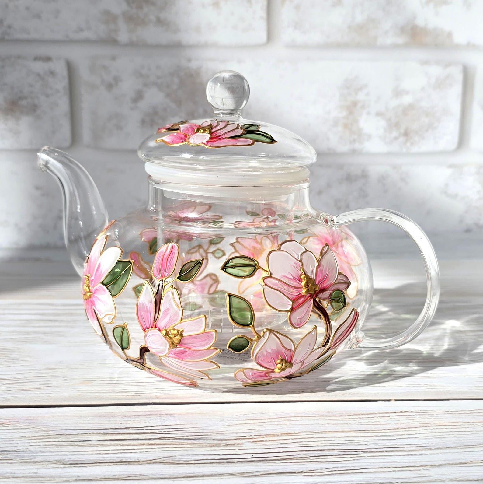 Personalized Pink Magnolia Teapot: Hand-painted Floral Glass Teapot ...