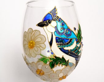 Hand Painted Blue Jay Wine Glass: Custom Daisy Bird Lover Gift