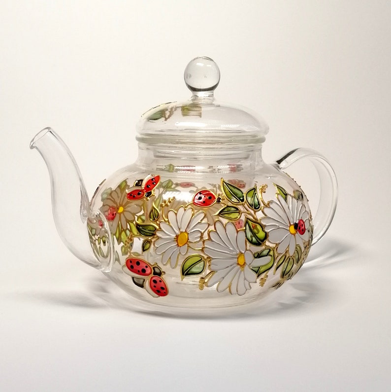 Hand-painted Daisy and Ladybug Glass Teapot With Infuser - Etsy