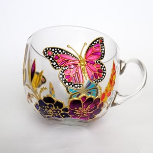 Butterfly big coffee mug personalised Glass mug hand painted Monarch mug for her Floral gift for Mom Custom mug for nature lover office mug