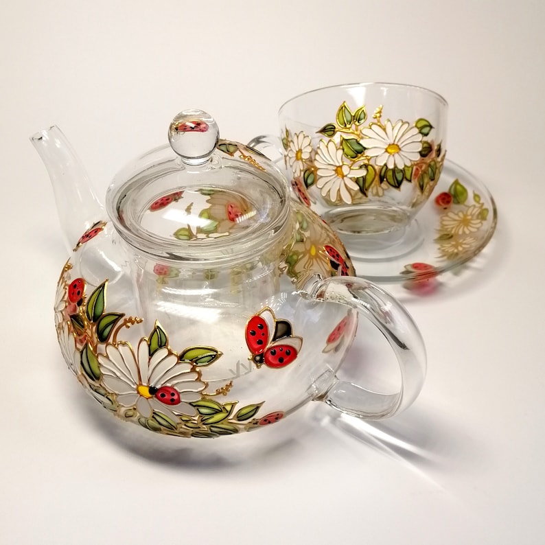 Daisy Tea Set: Hand-painted Ladybug Glass Teapot - Etsy