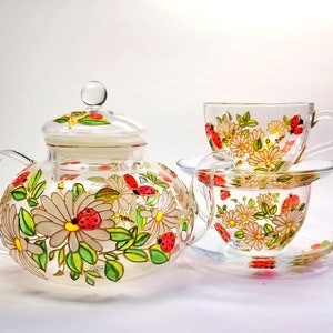 Mother's day gift personalised Daisy tea pot with 2 cups and saucer Flower tea set for wedding gift Christmas gift for parents from daughter