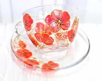 Red Poppy Glass Tea Cup with Saucer, Hand Painted Floral Coffee Mug, Botanical Glassware Gift for Mom, Unique Tea Lover Gift