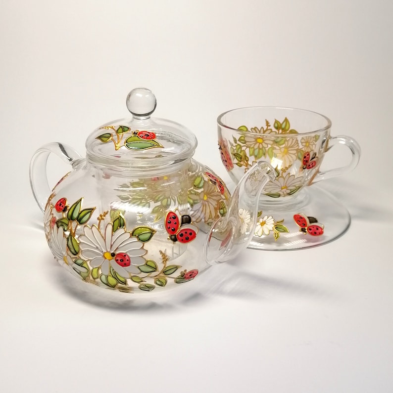 Daisy Tea Set: Hand-painted Ladybug Glass Teapot - Etsy