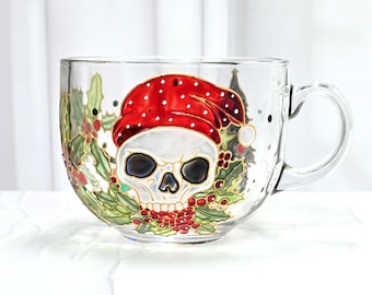 Goth Christmas mug with skull in santa hat, Hand painted dark christmas mug personalized