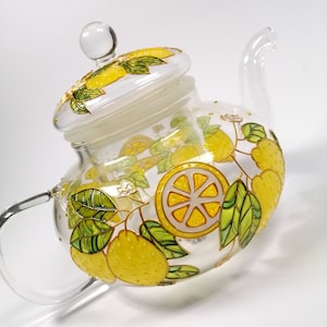 Hand Painted Lemon Glass Teapot with Infuser: Personalized Tea Party Decor