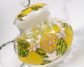 Tetera de cristal pintada a mano con diseño de limón e infusor: decoración personalizada para fiestas de té.