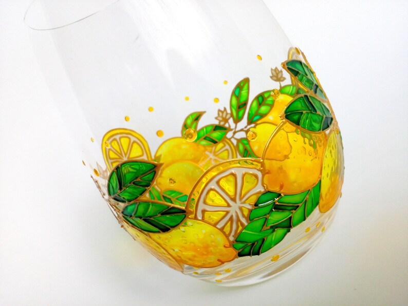 Lemon wine glass Hand painted stemless wine glass Personalised Etsy
