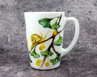 Ginkgo Leaf coffee mug hand painted Snail mug handmade Personalised ginko biloba plant garden gift tea cup Nature inspired mug for her