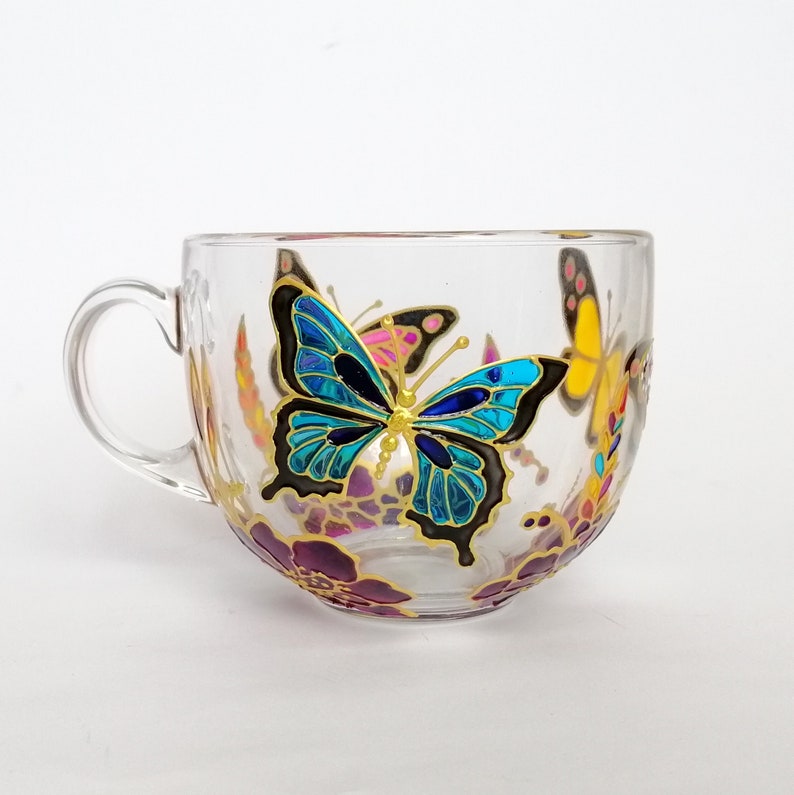 Butterfly big coffee mug personalised Glass mug hand painted Monarch mug for her Floral gift for Mom Custom mug for nature lover office mug