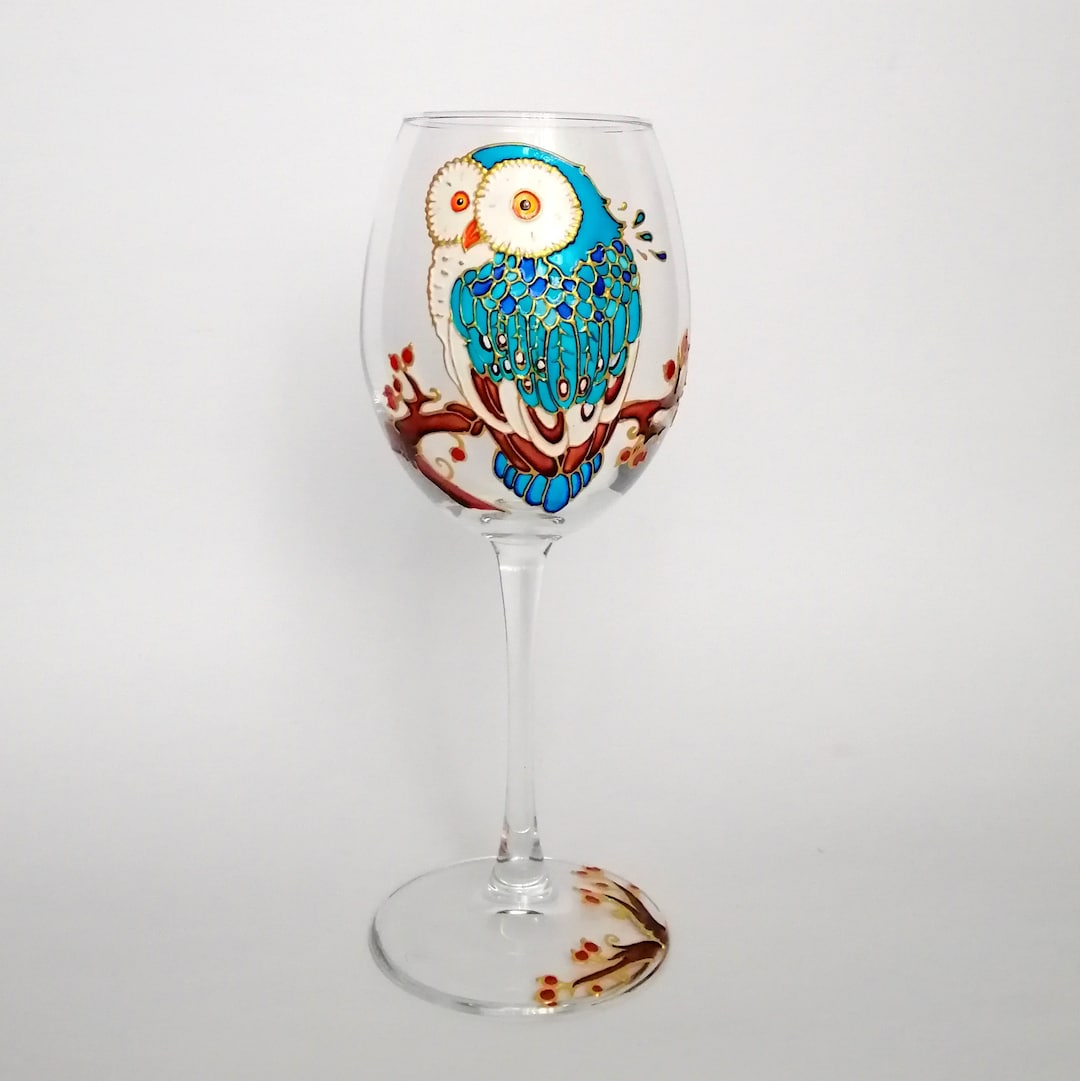 Owl Wine Glass Hand Painted Personalised Bird Wine Glass Wine Lover