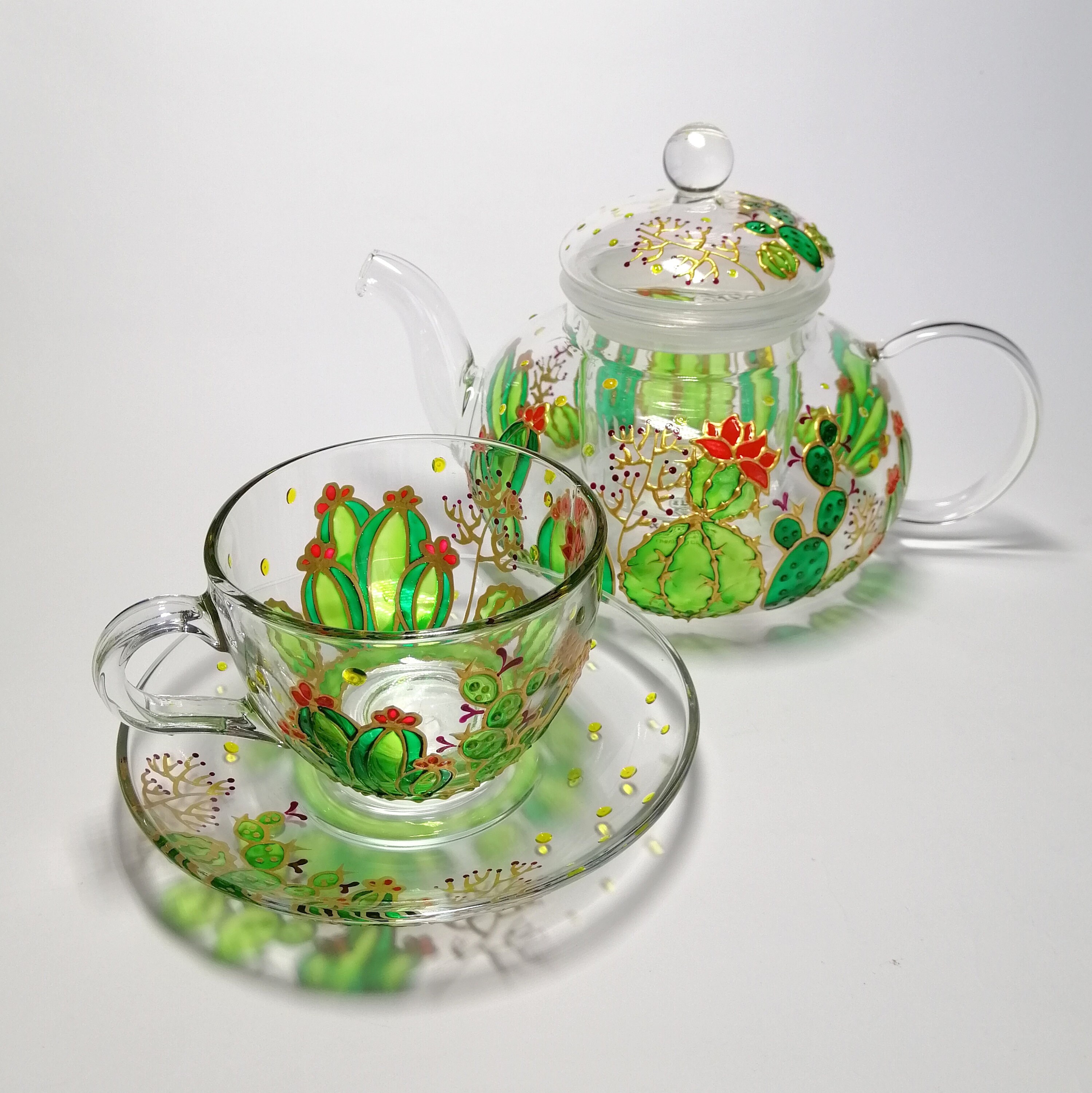 Cactus Tea Set Personalised Tea Pot With Cup and Saucer Hand Etsy
