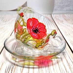 Tazza da tè con piattino "Red Poppy", regali Cottagecore, tazza da caffè "California Poppy", regalo di compleanno per la nonna con fiori per la mamma.
