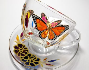 Butterfly Monarch tea cup and saucer personalised Mother&#39;s day gift Hand painted tea cup for bridal shower Wedding cup Gift for Mom