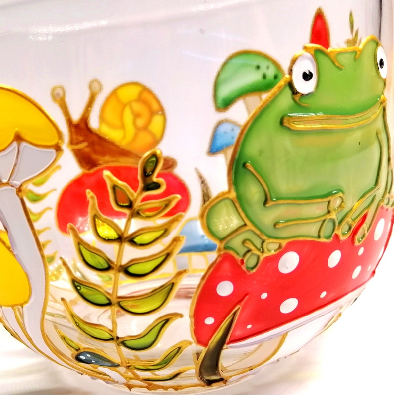 Frog coffee mug Mushroom coffee mug hand painted Personalised toadstool tea cup Coffee lover gift for woman, wife, Birthday gift for her