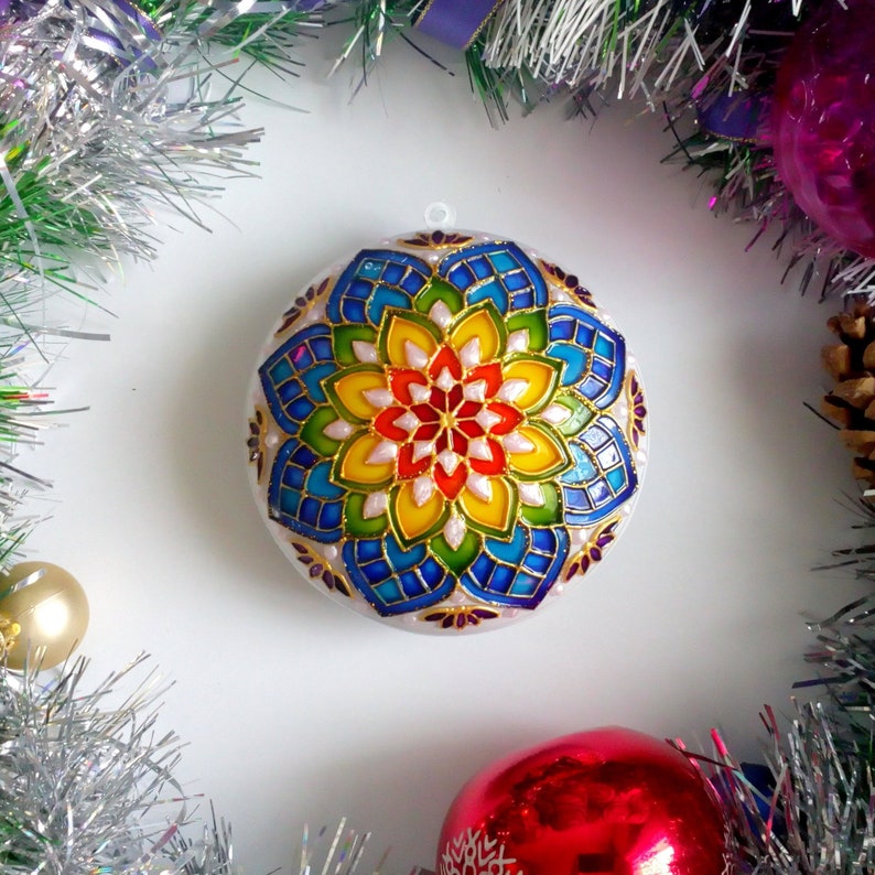 Rainbow mandala christmas ornament handmade Hand painted Christmas decor Gift for yoga lover Gift for her Yoga teacher ornament