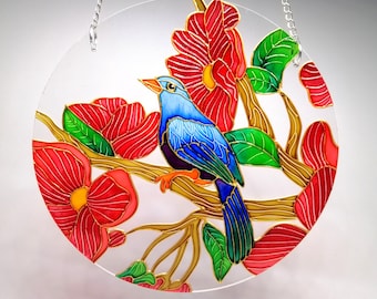Blue bird suncatcher for window Red Flower window hanging Decor gift for plant lover Mother Gift Hand painted ornament Valentine's day gift