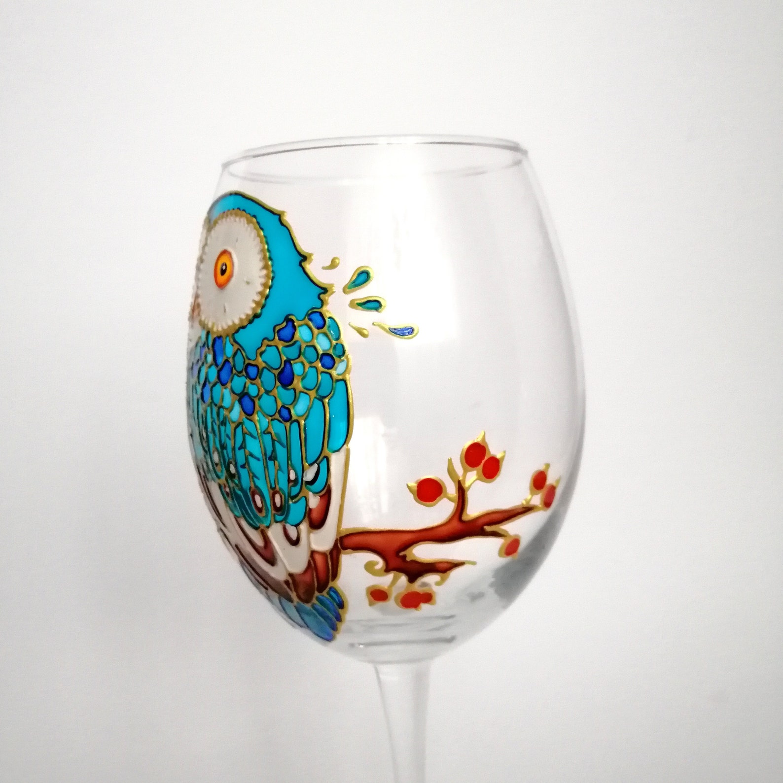 Owl Wine Glass Hand Painted Personalised Bird Wine Glass Wine Etsy