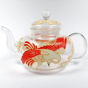 Hand-Painted Bird Crane Glass Teapot with Infuser
