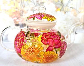 Hand Painted Glass Teapot with Peony & Aster Floral Design, Colorful Tea Pot Gift, Decorative Tea ware for Tea Lovers