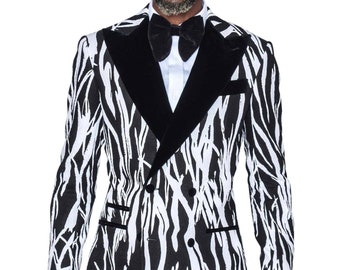 Men's Black and White Jacquard Double Breasted Tuxedo