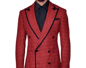 Men's Red and Black Houndstooth Double Breasted Suit